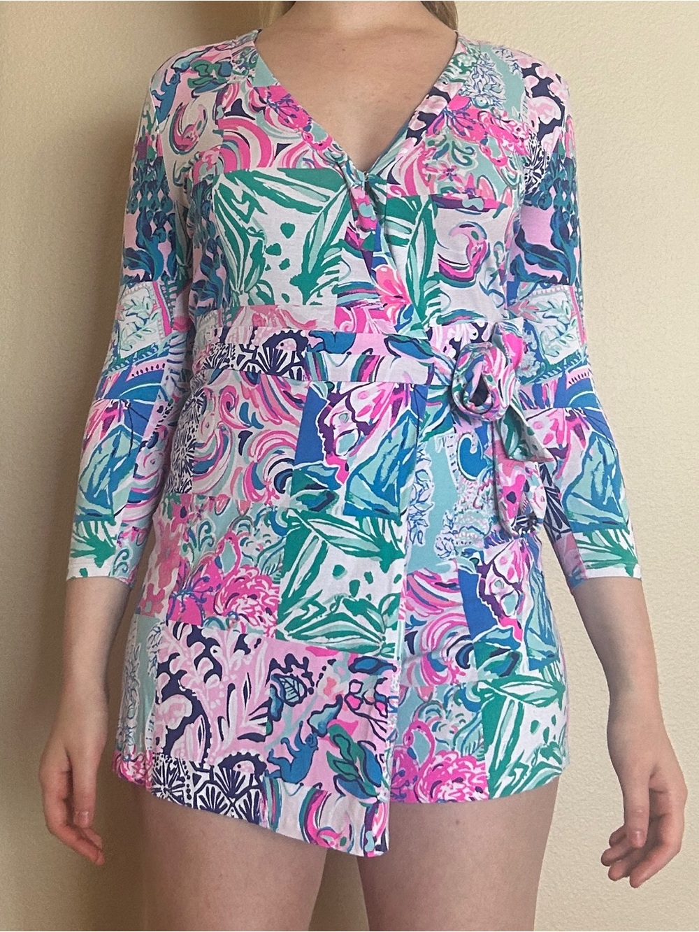 Lilly Pulitzer Long Sleeve Wrap Front Romper Shorts Dress Pink Blue Patchwork XS